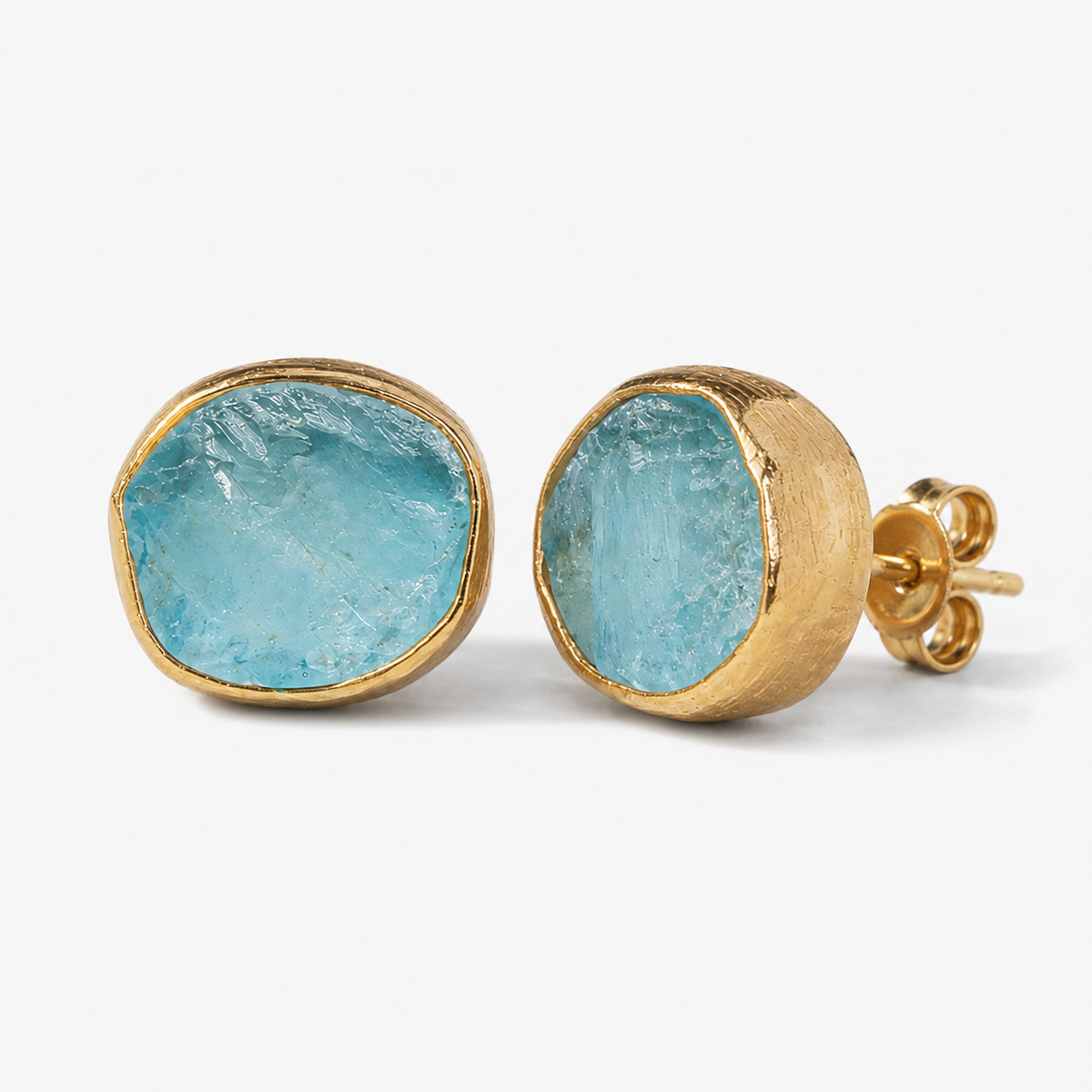 Raw-Cut Aqua Gemstone Stud Earrings