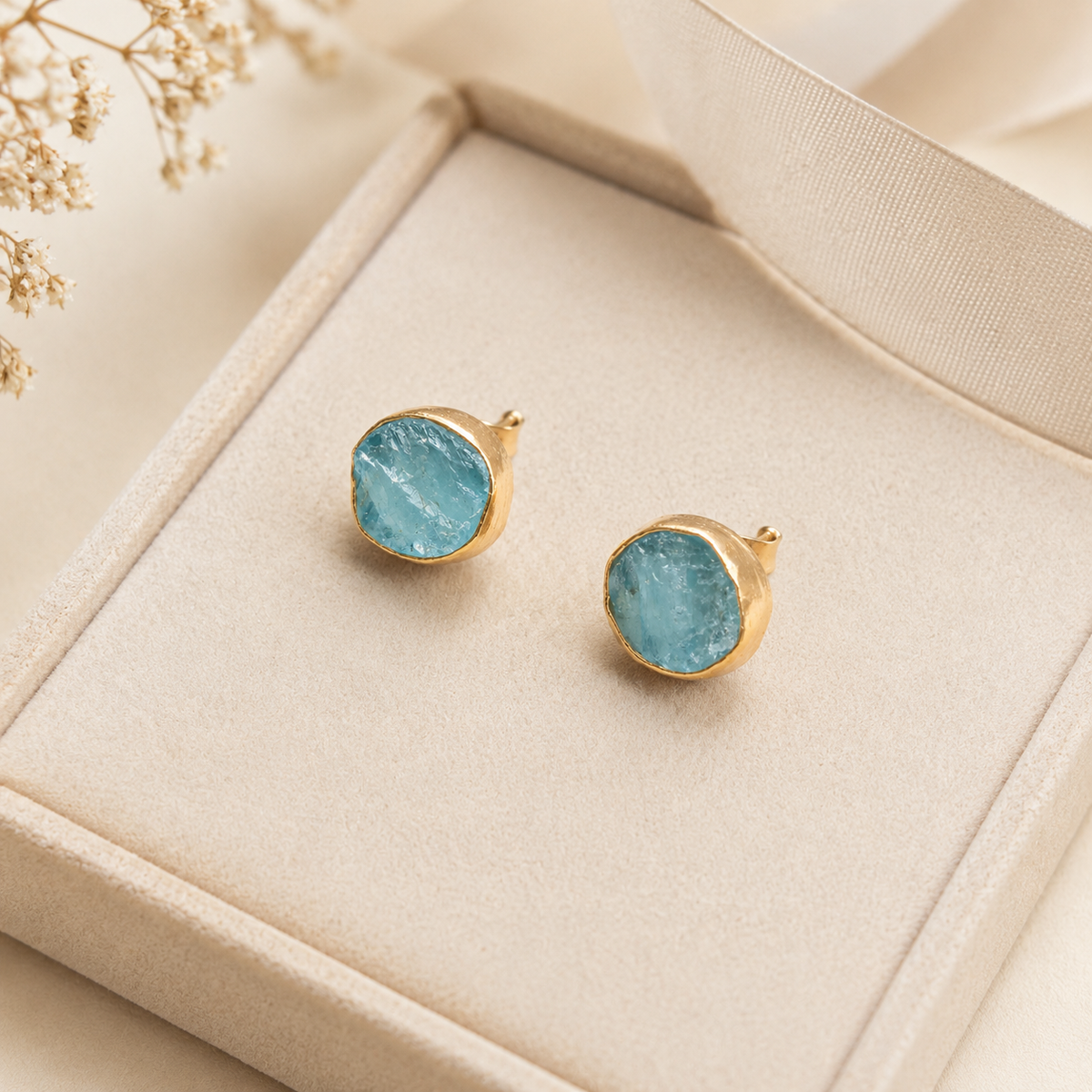Raw-Cut Aqua Gemstone Stud Earrings