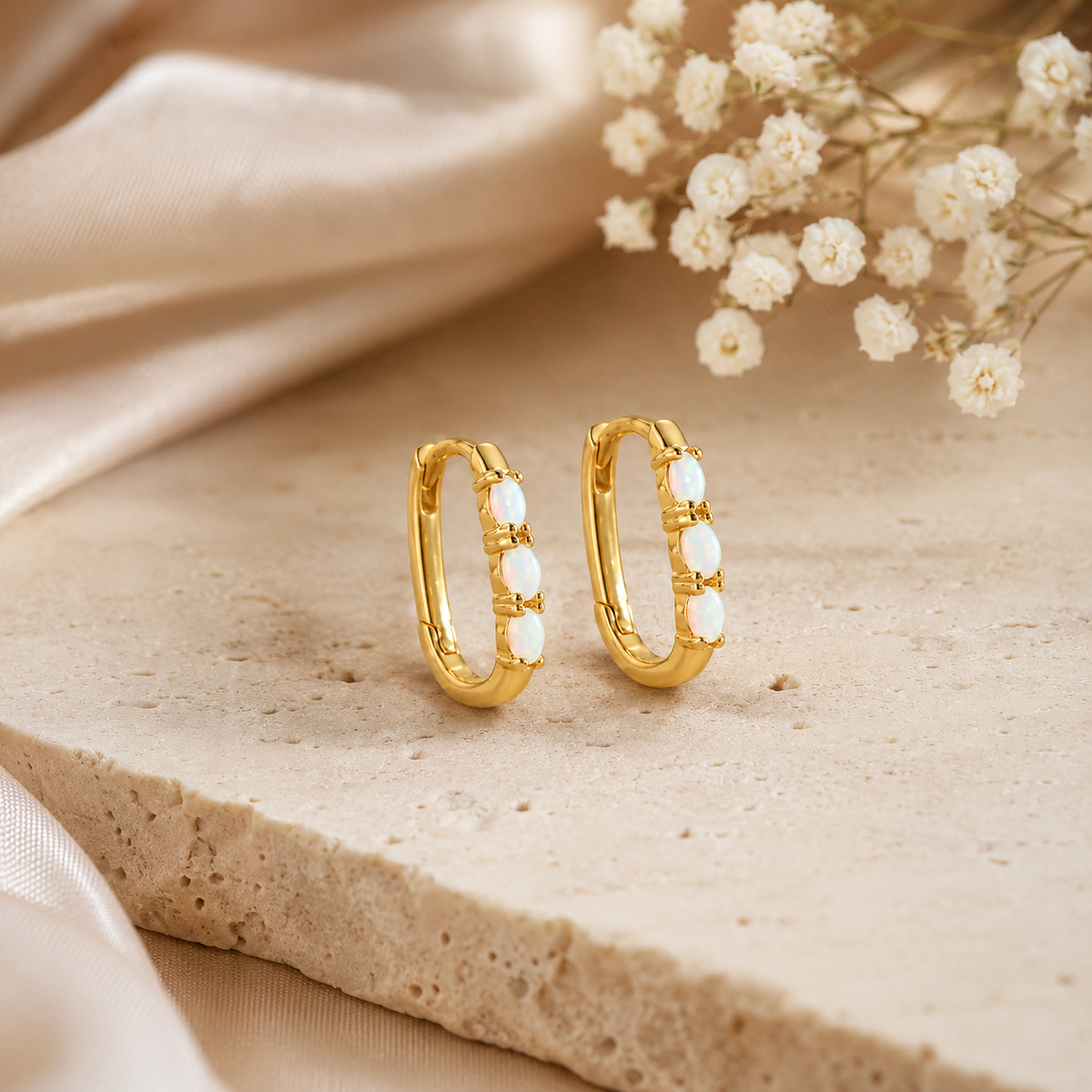 Three Opal Huggie Hoop Earrings