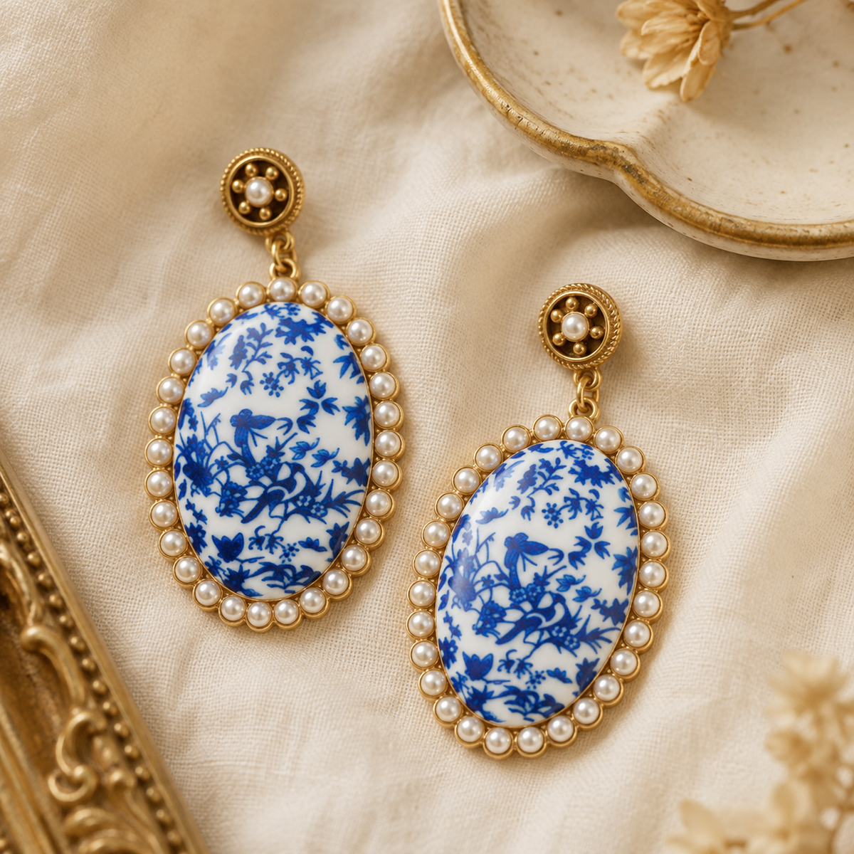 Vintage Blue White Porcelain Pearl Stud Earrings