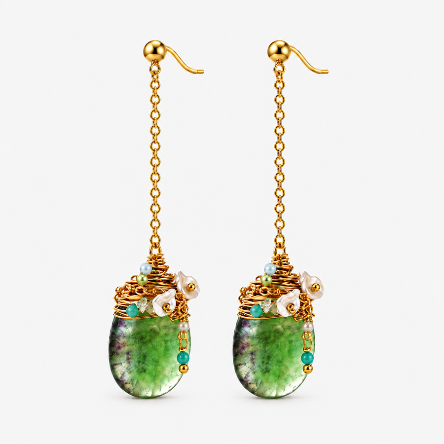 Green Fluorite & Baroque Pearl Earrings