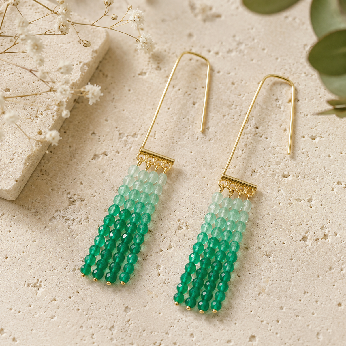 Gradient Green Natural Agate Tassel Earrings