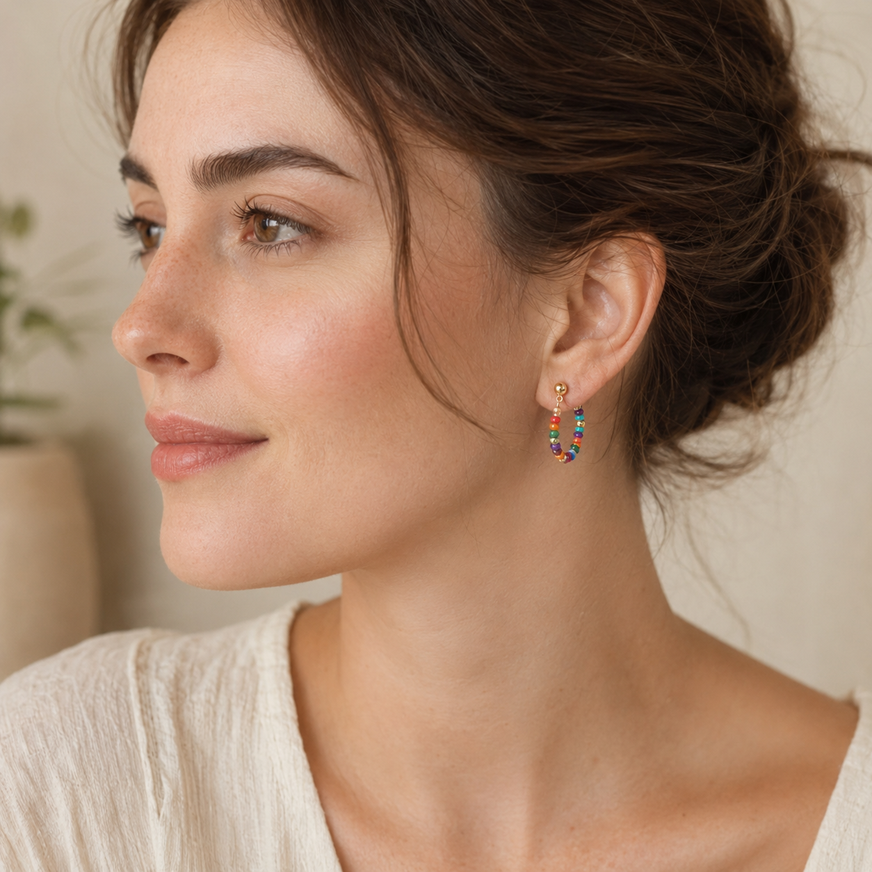 Colorful Beaded Silver Stud Earrings