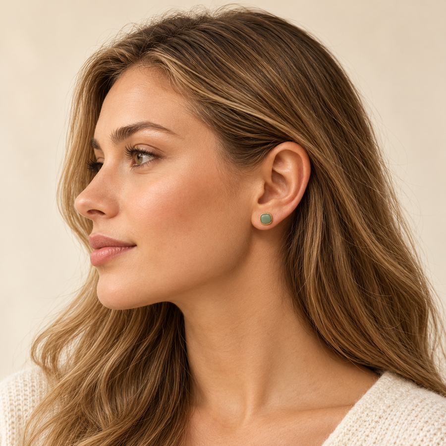 Green Jade Square Stud Earrings