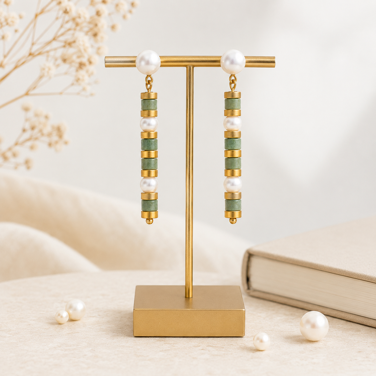 Jade Bamboo Freshwater Pearl Earrings