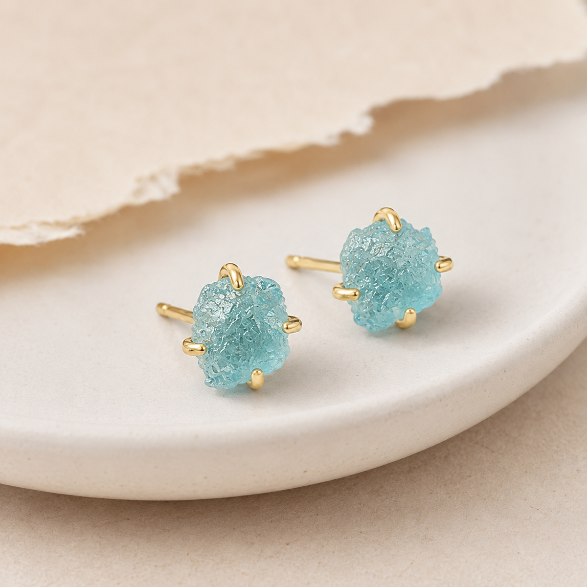 Irregular Natural Raw Aquamarine Crystal Stud Earrings