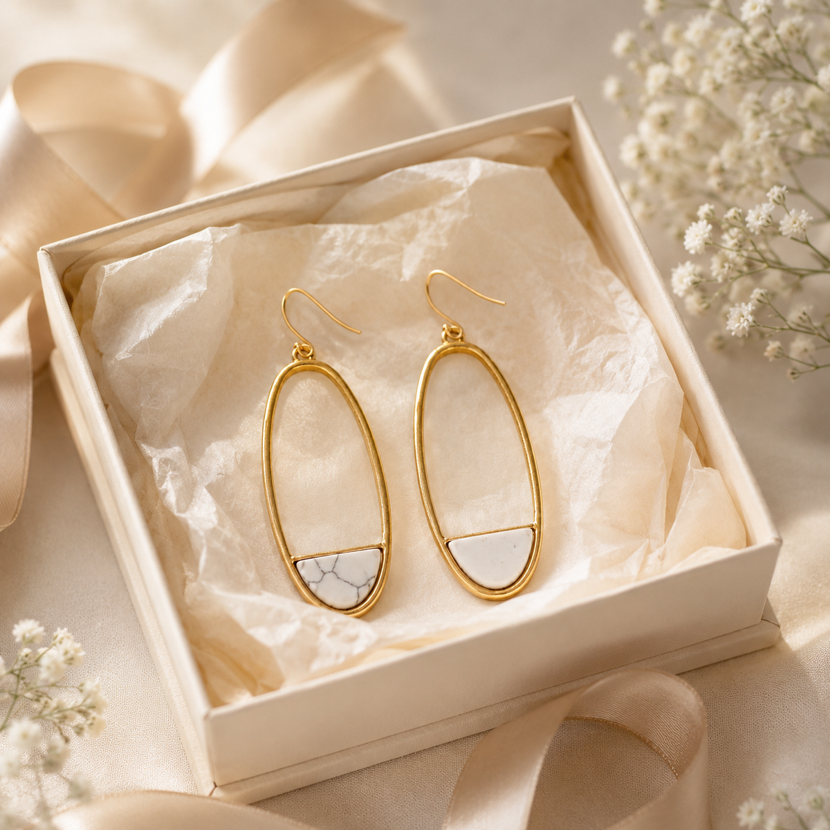 Natural Stone Oval Drop Earrings