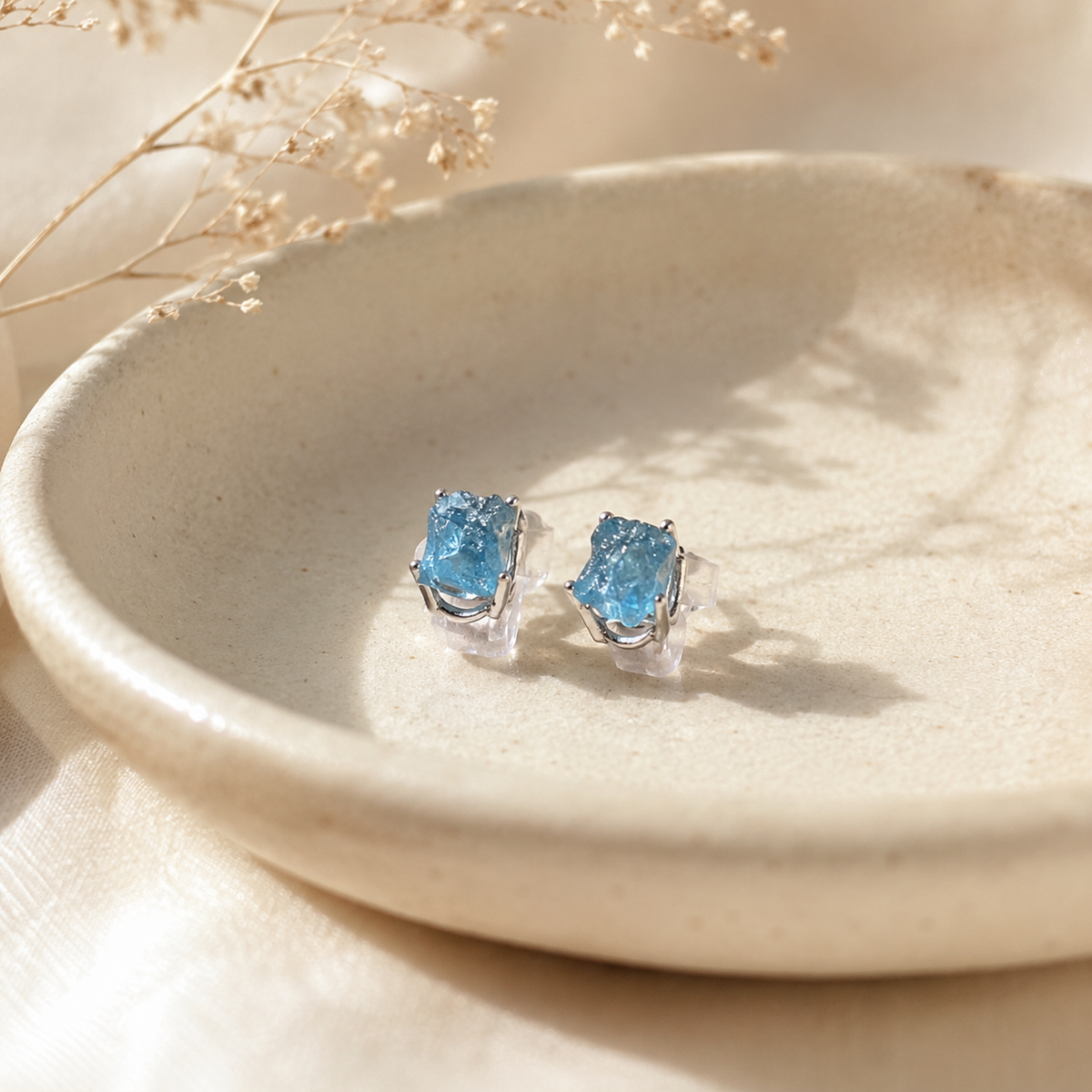 Natural Raw Aquamarine S925 Sterling Silver Stud Earrings