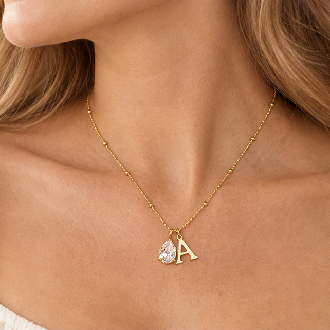 Initial & Teardrop CZ Pendant Necklace