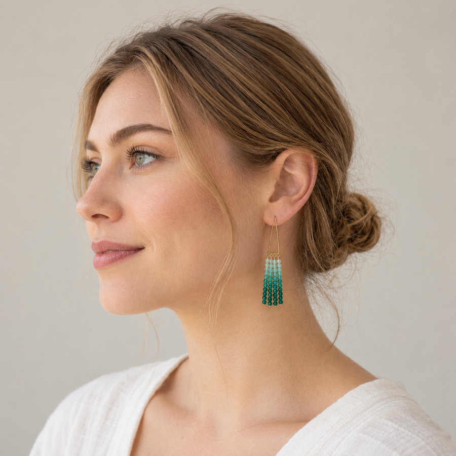 Gradient Green Natural Agate Tassel Earrings