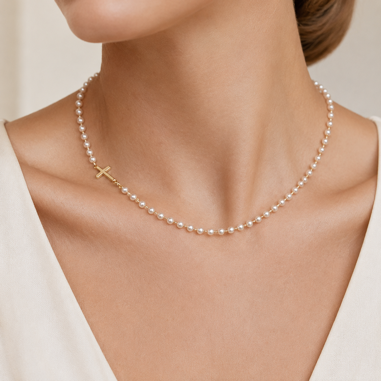 Sideways Cross Pearl Choker