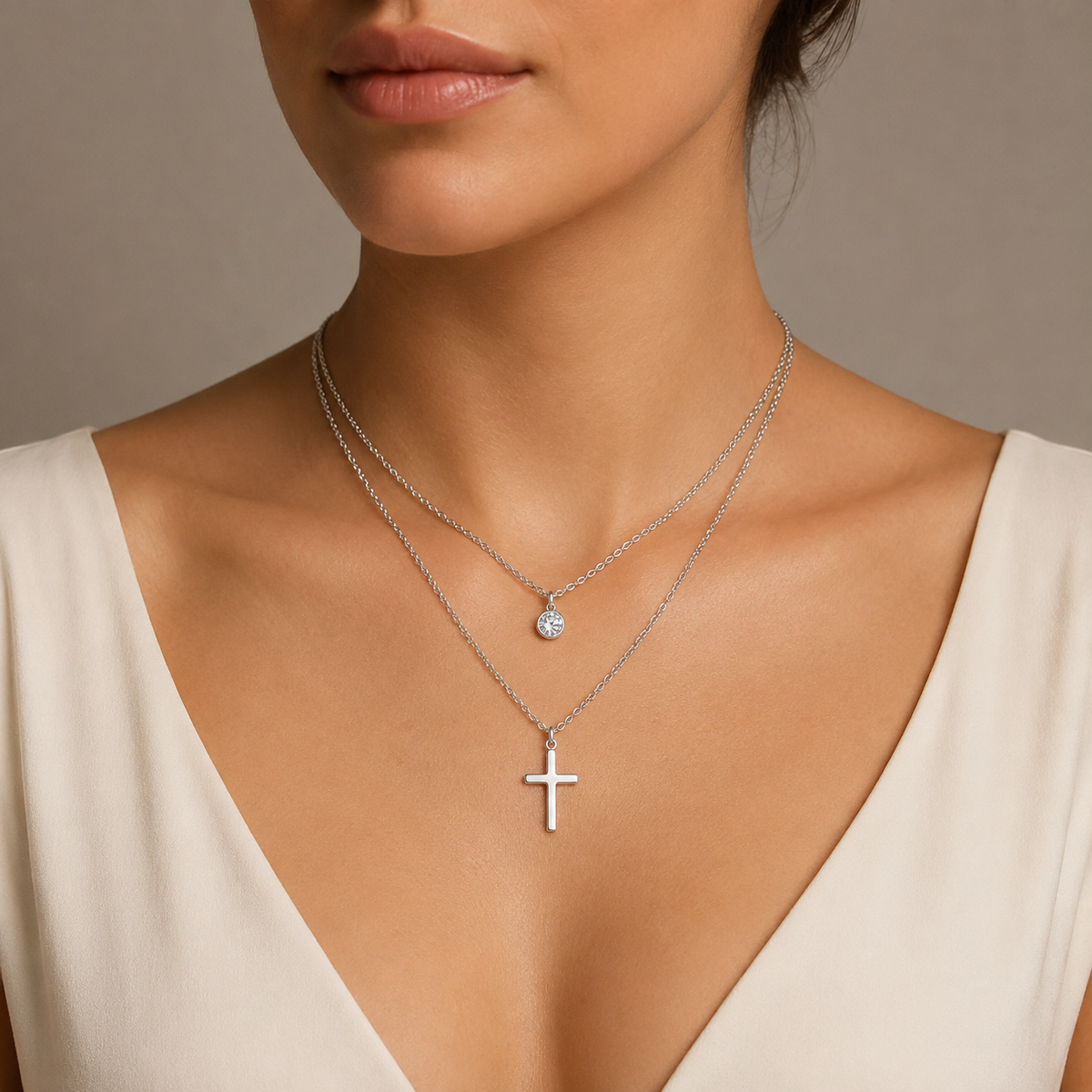 Layered CZ Cross Pendant Necklace