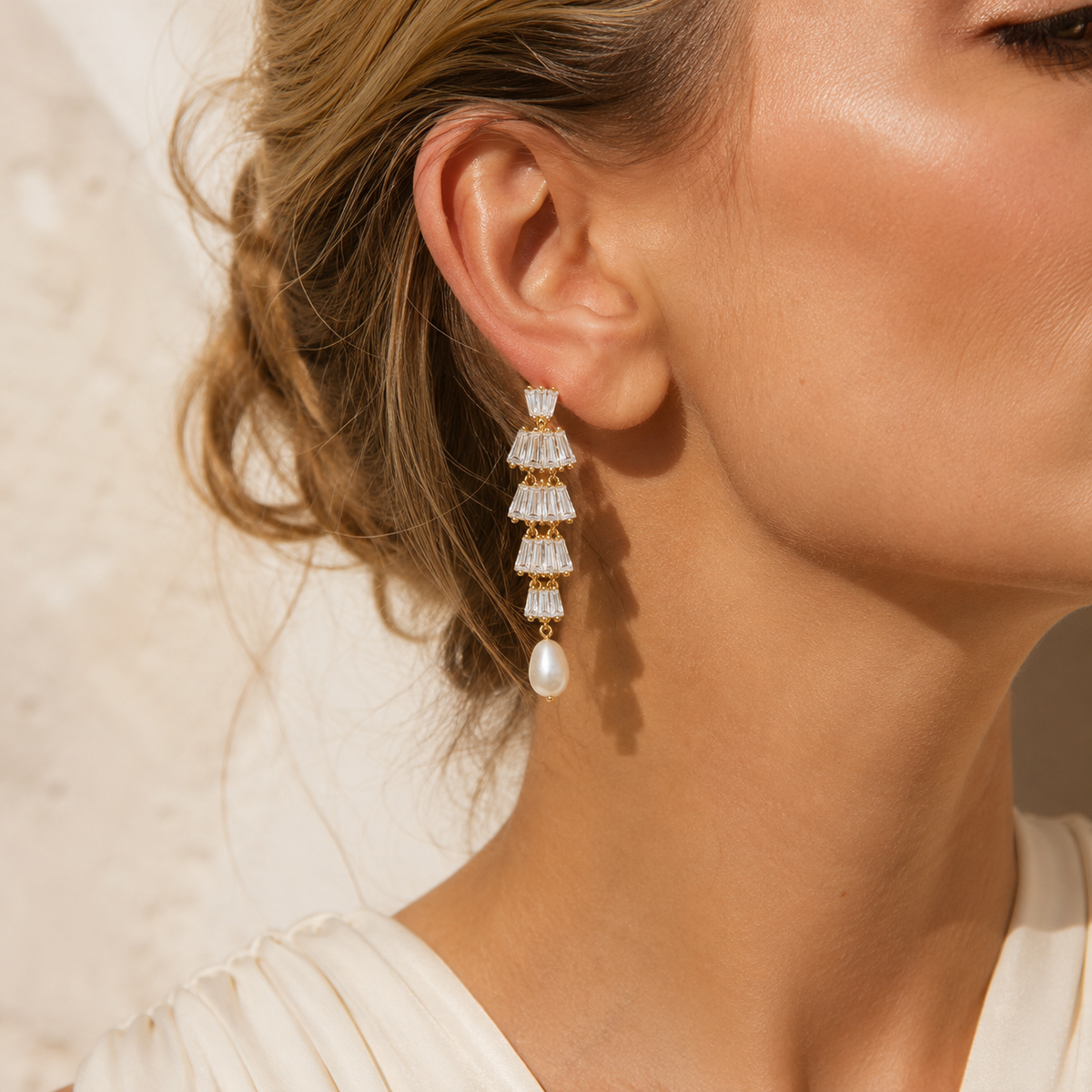 Baguette CZ amp; Freshwater Pearl Earrings