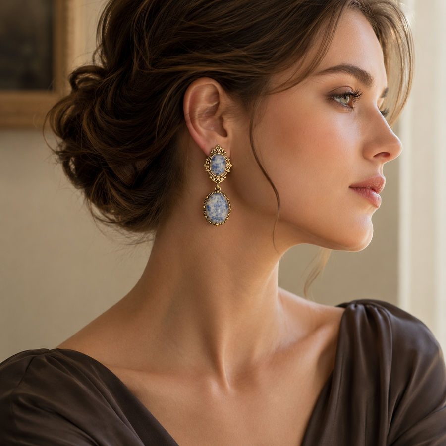 Vintage Blue Porcelain Statement Earrings