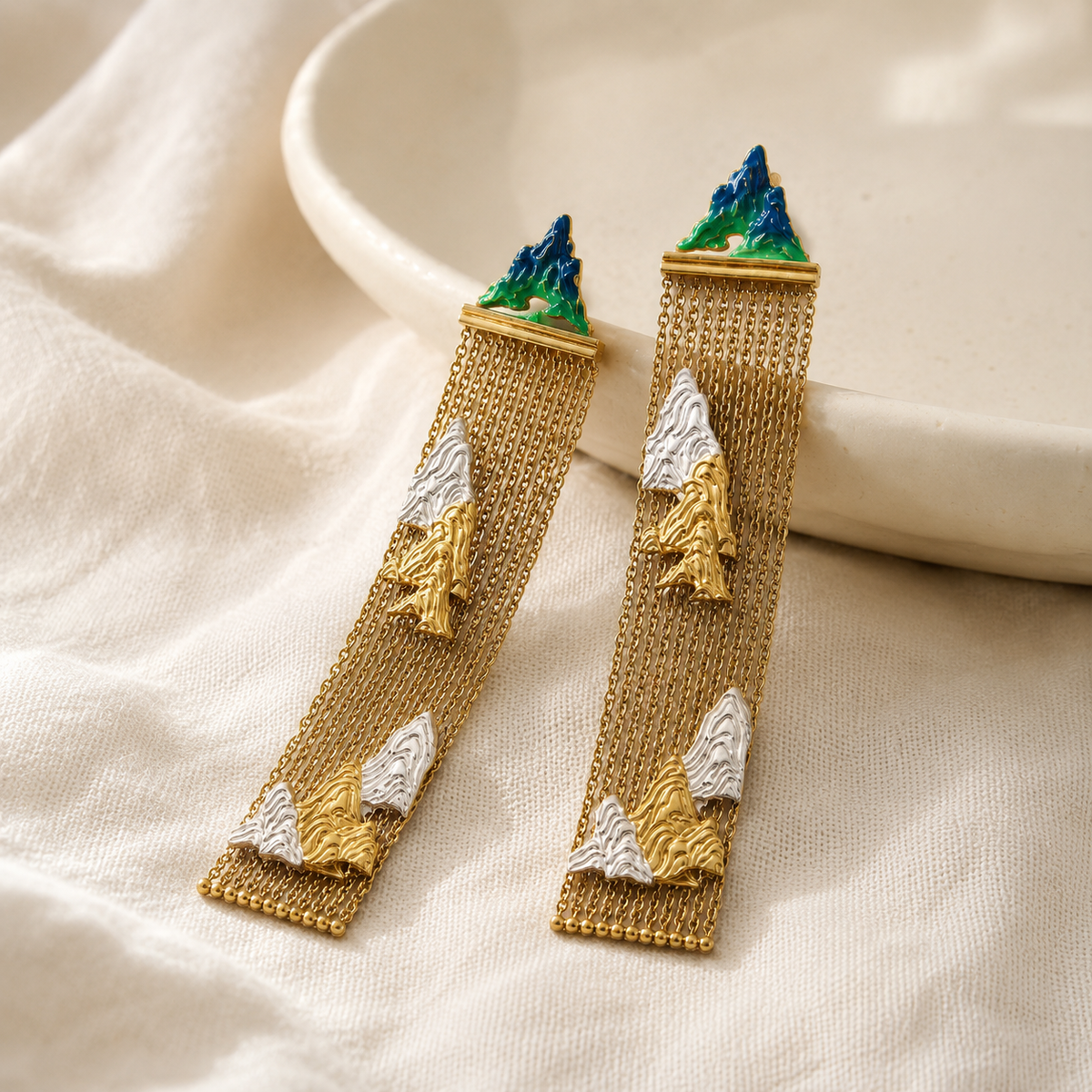 Chinese Landscape Enamel Tassel Earrings