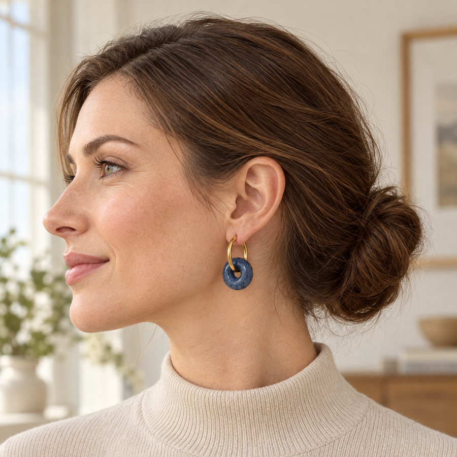 Blue Yellow Agate Hoop Earrings
