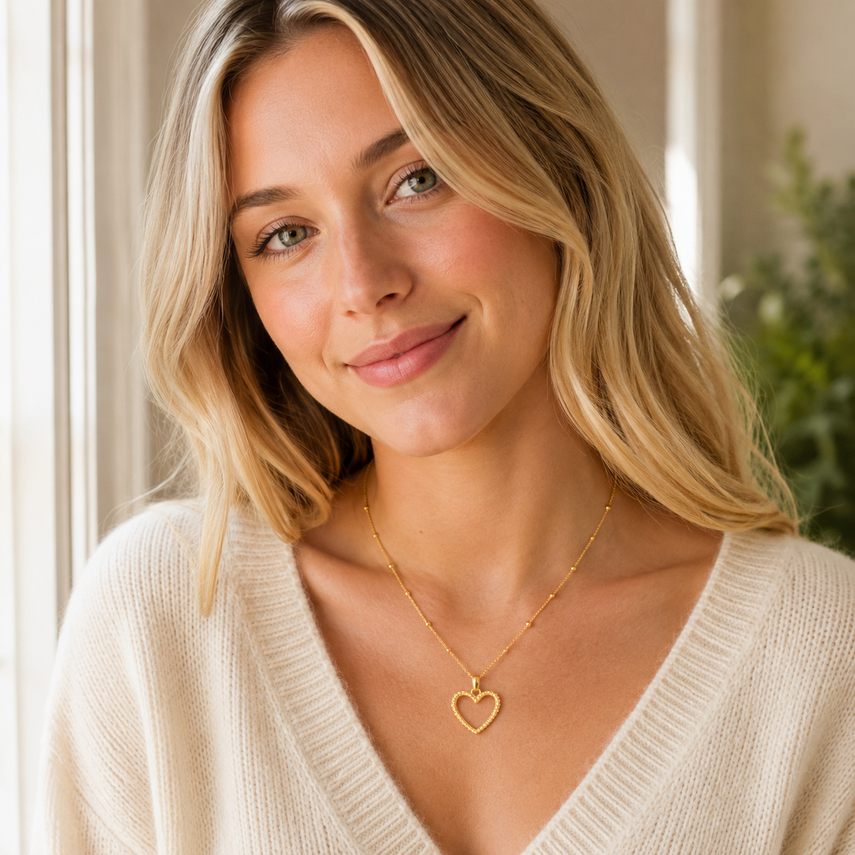 Beads Chain with Open Heart Pendant Necklace