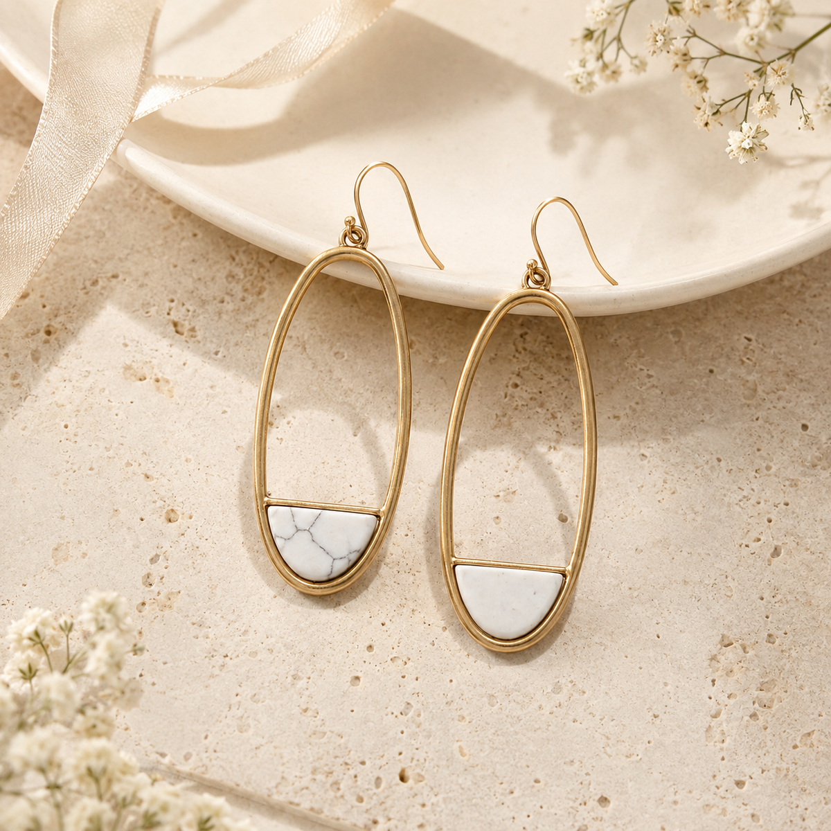 Natural Stone Oval Drop Earrings