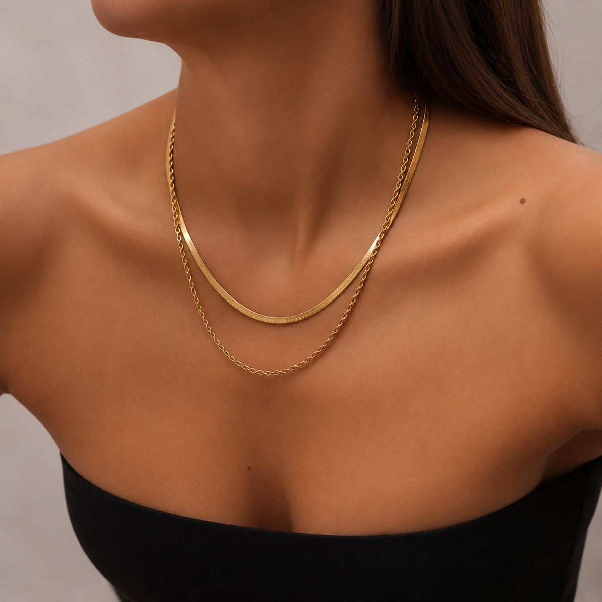 Layered Thin Choker with Wave Necklace
