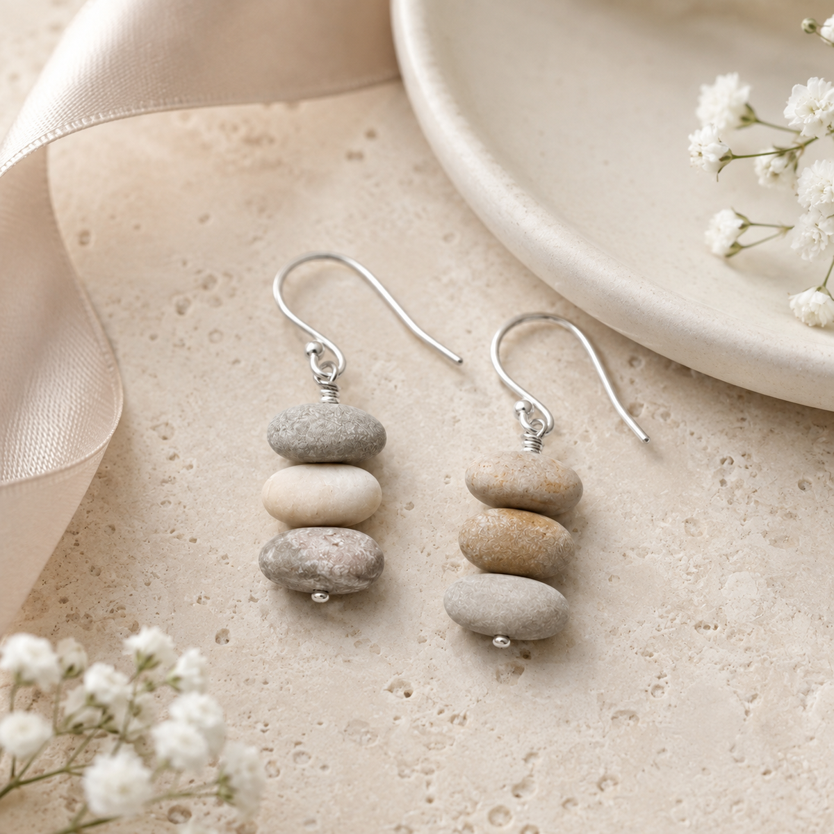 Stacked Beach Stone Drop Earrings