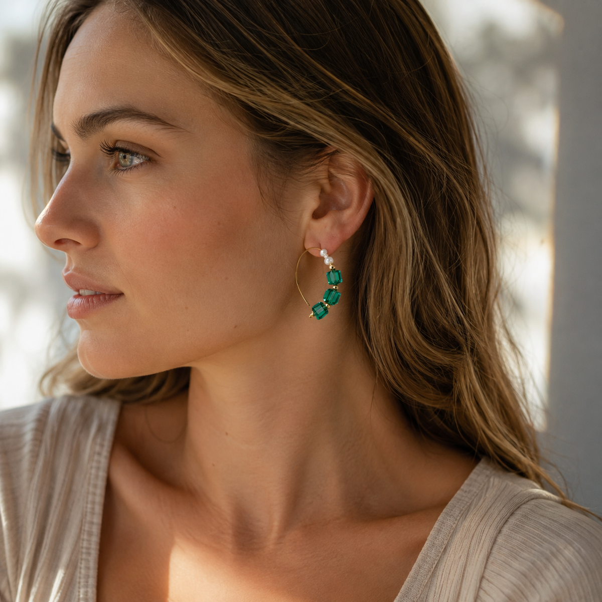 Green Sugar‑Cube Sparkling Natural Pearl Earrings
