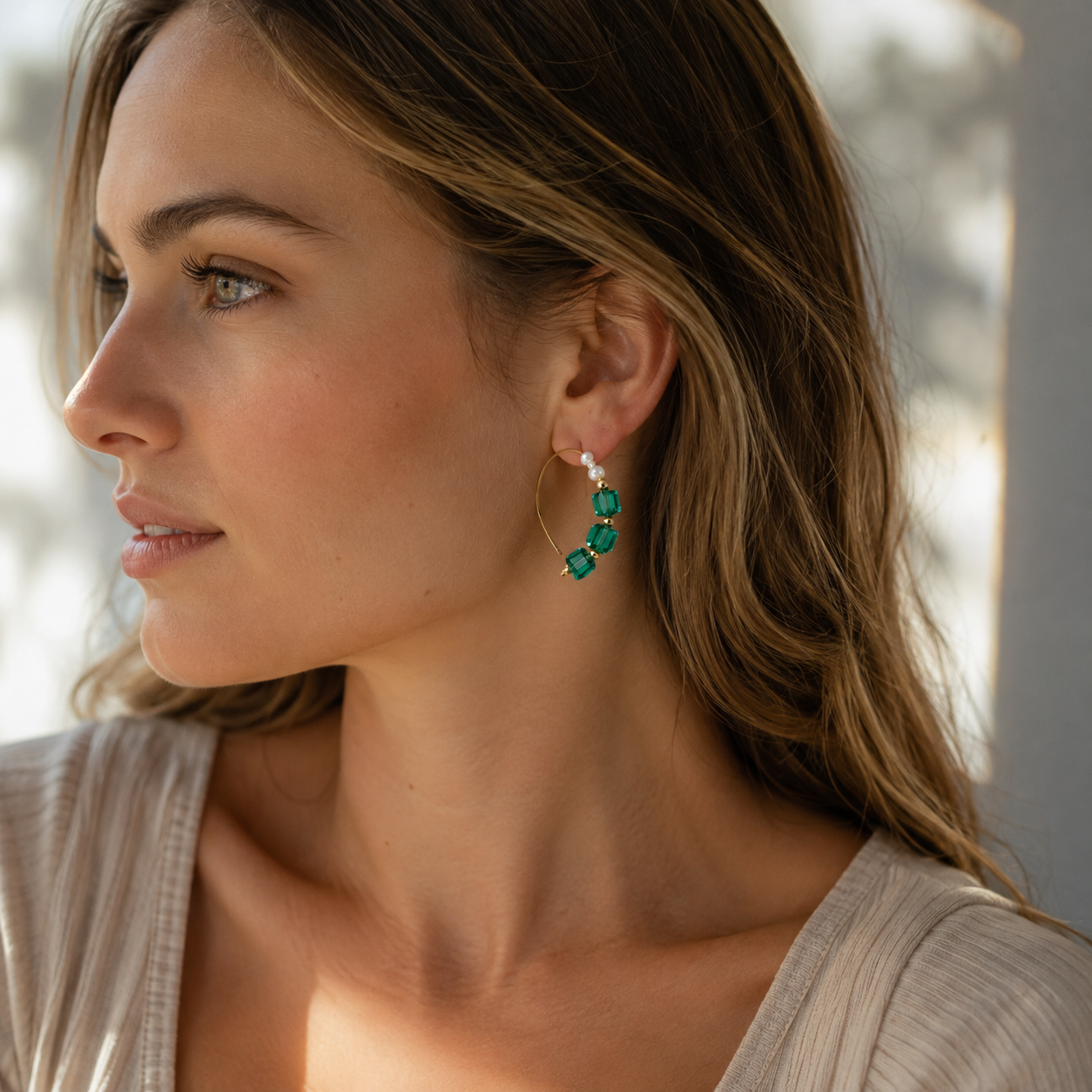 Green Sugar‑Cube Sparkling Natural Pearl Earrings