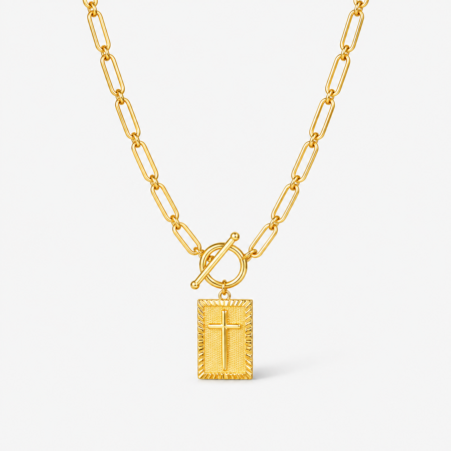 Gold Cross Engraved Paperclip Chain Toggle Necklace