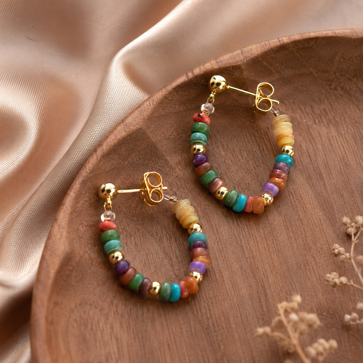 Colorful Beaded Silver Stud Earrings