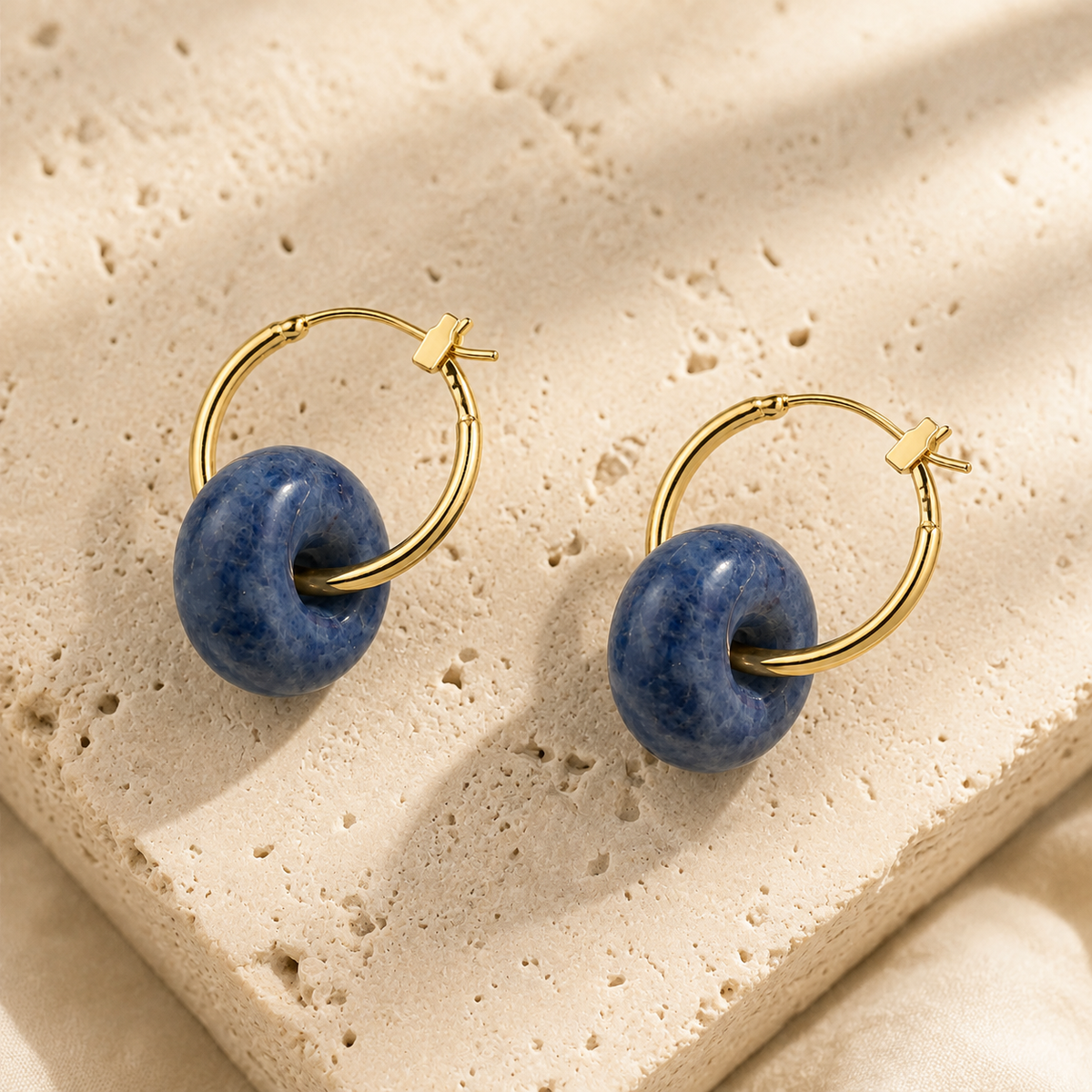 Blue Yellow Agate Hoop Earrings