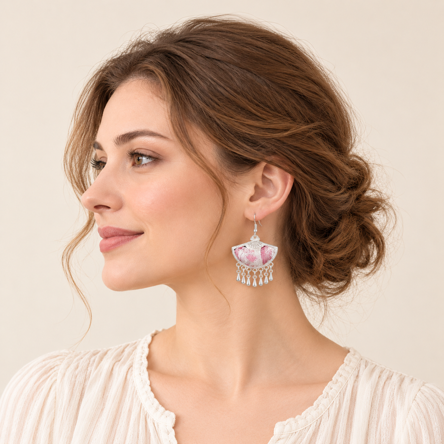 Zhuang Brocade Fan Tassel Earrings
