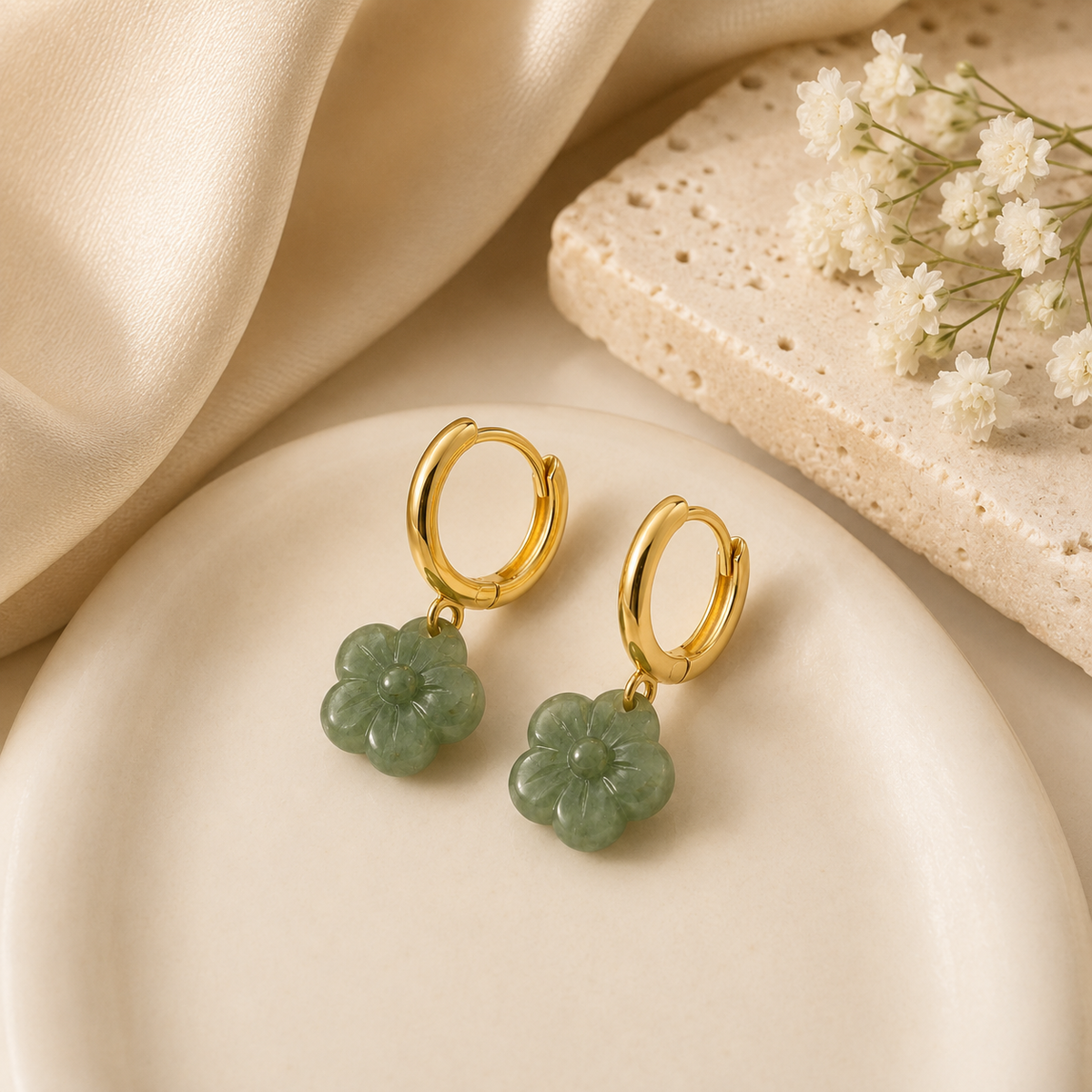 Jade Flower Huggie Hoop Earrings