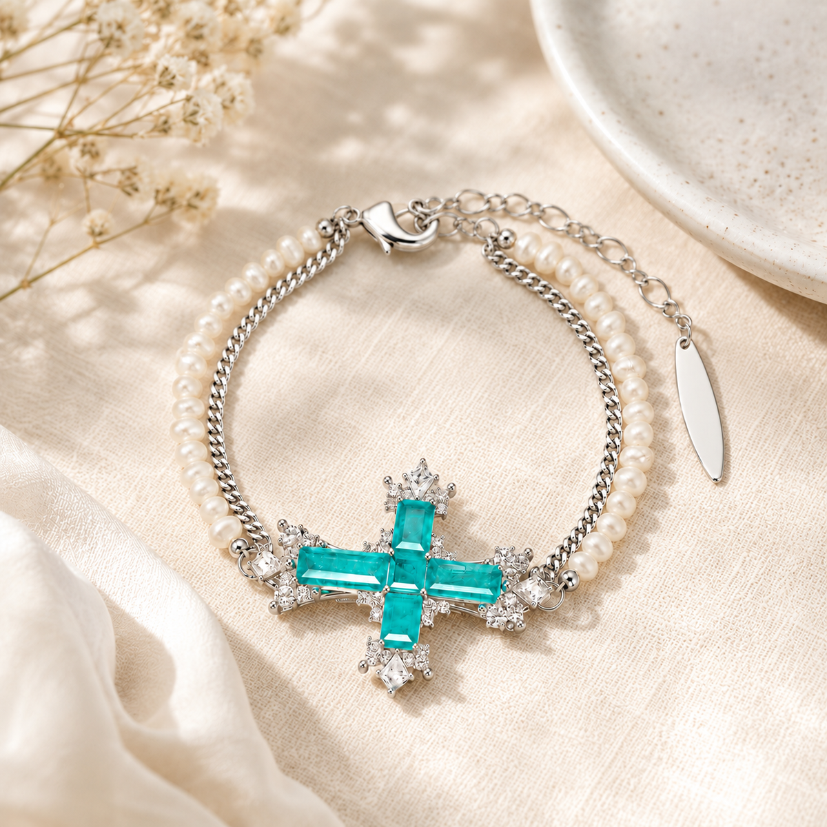 Freshwater Pearl Paraiba Cross Bracelet