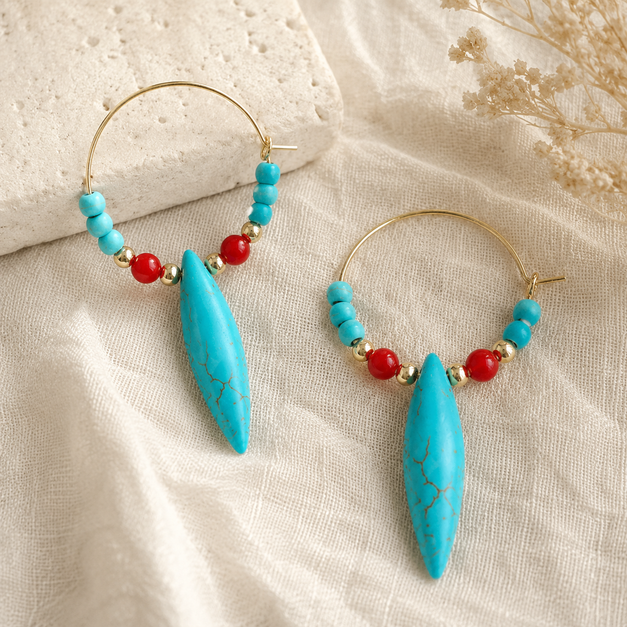 Turquoise  Red Agate Hoop Earrings