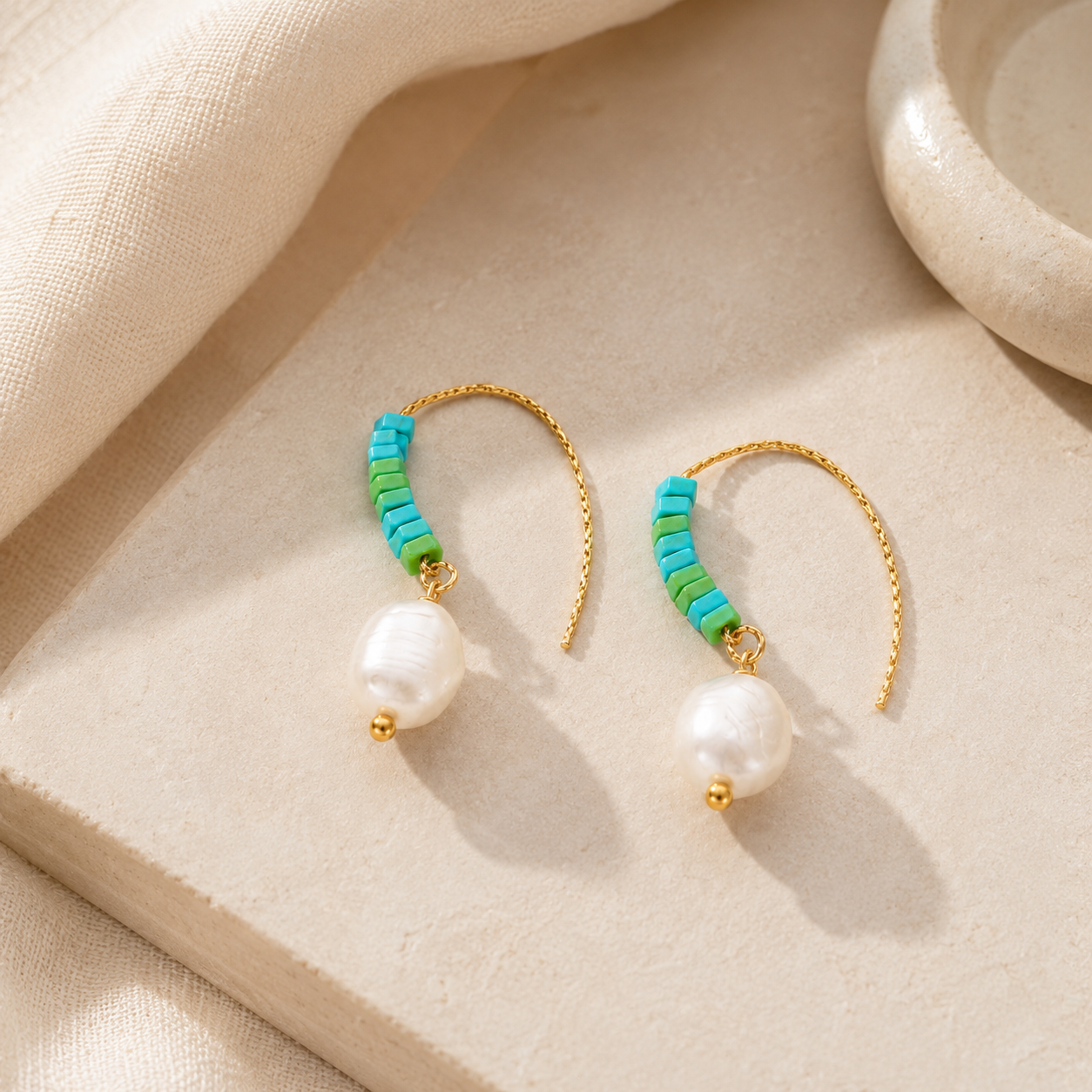 Green Stone Pearl Hoop Earrings