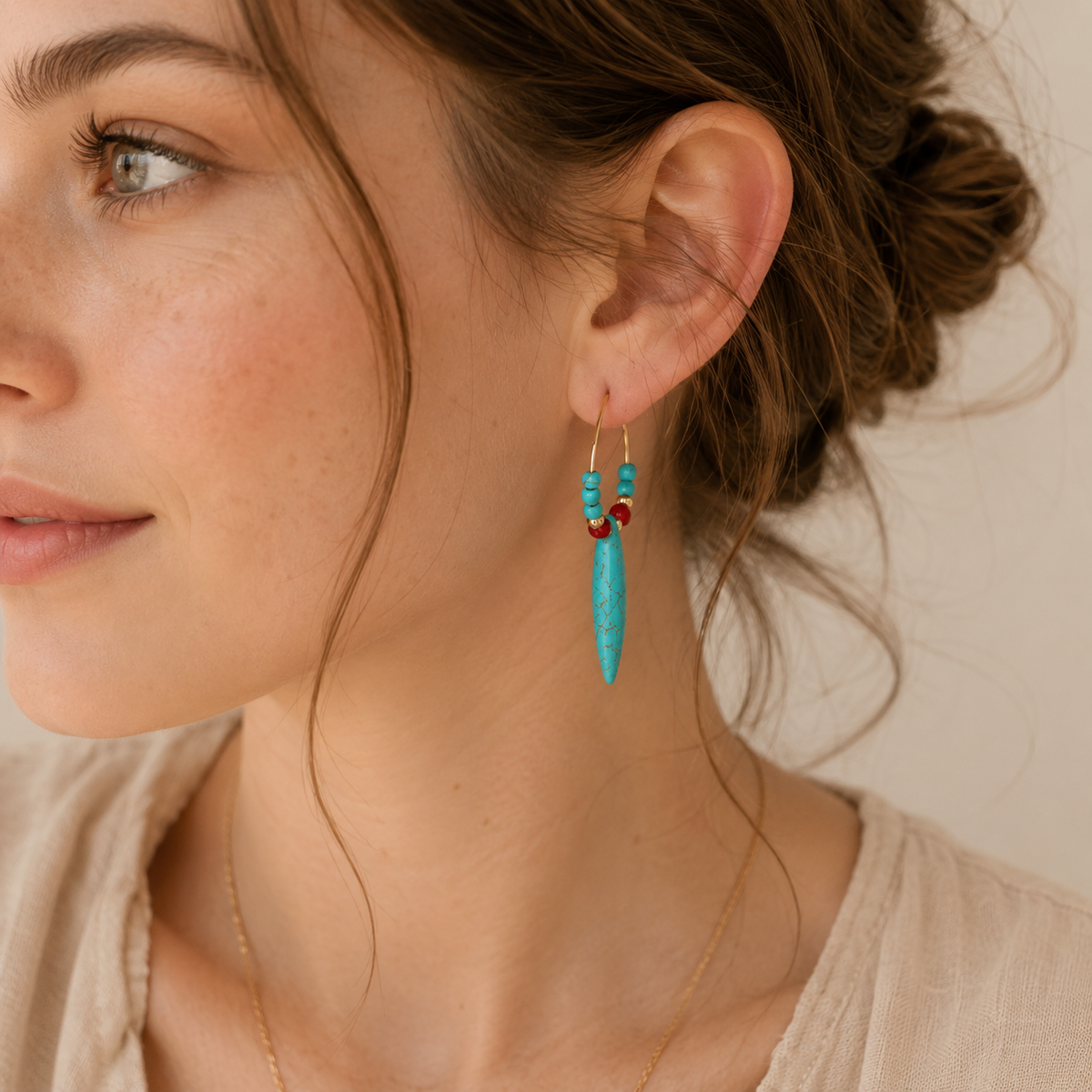 Turquoise  Red Agate Hoop Earrings