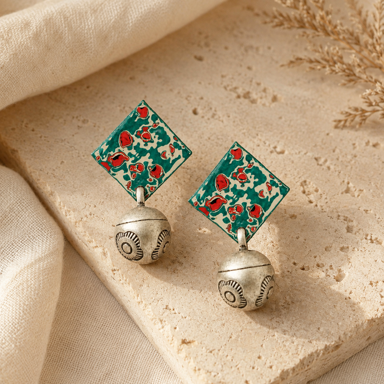 Antique Silver Lacquer Bell Earrings