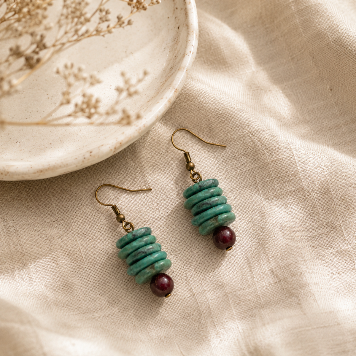 Green Stone Sandalwood Earrings