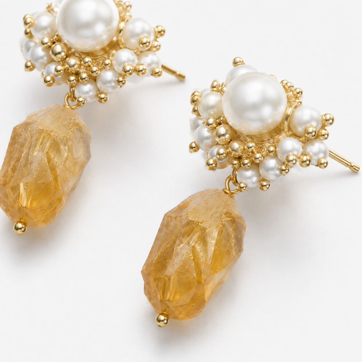 Raw Citrine Pearl Drop Earrings