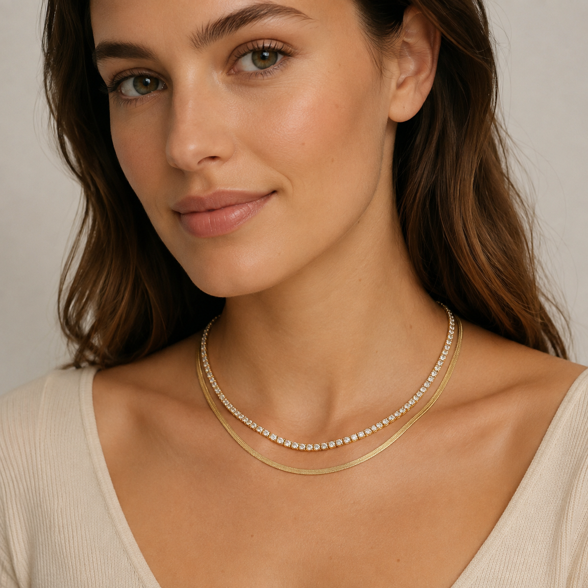 Layered Tennis Herringbone Necklace