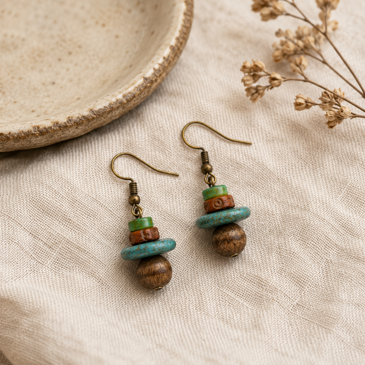 Tibetan Green Stone Bead Earrings