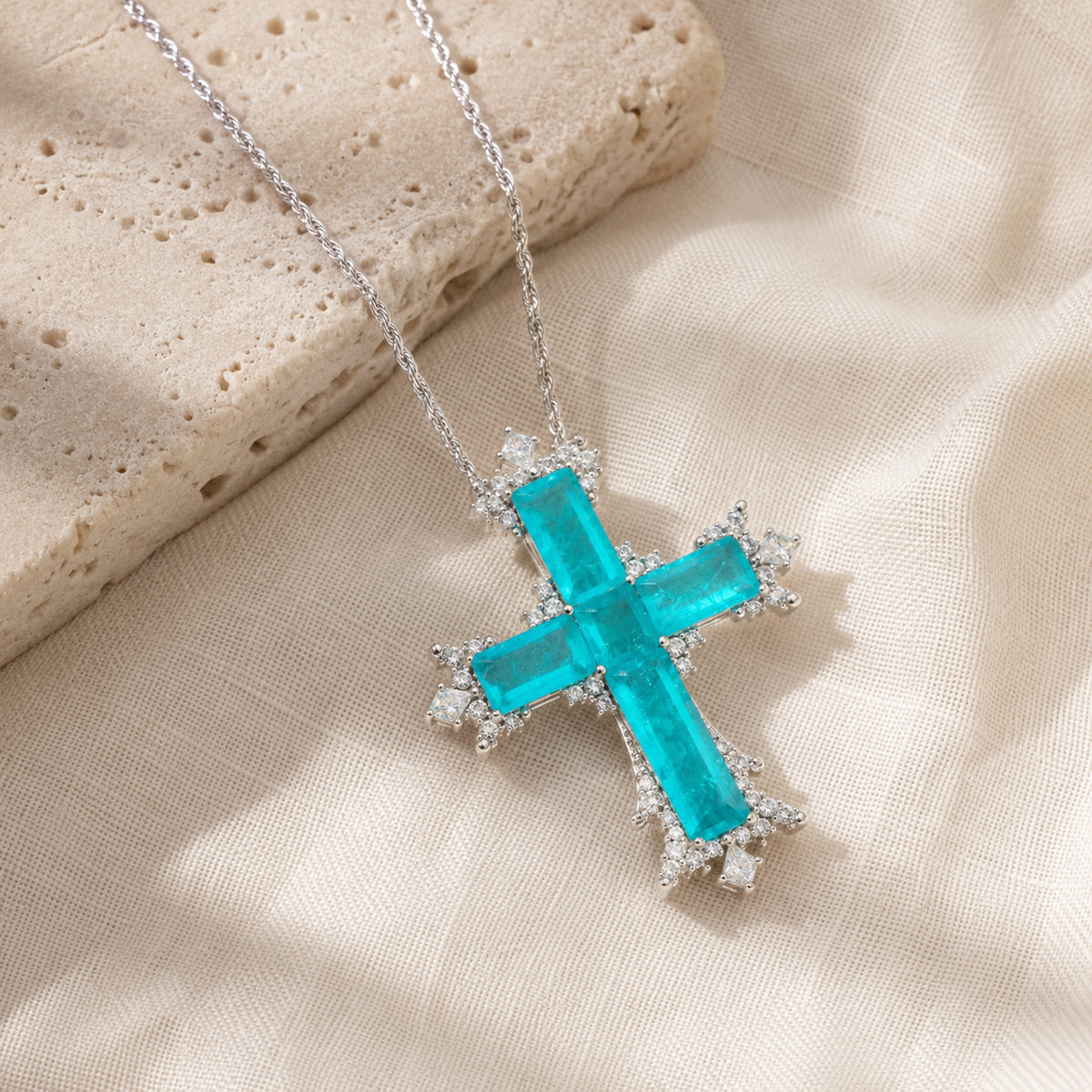 Large Paraiba Cross Pendant Necklace