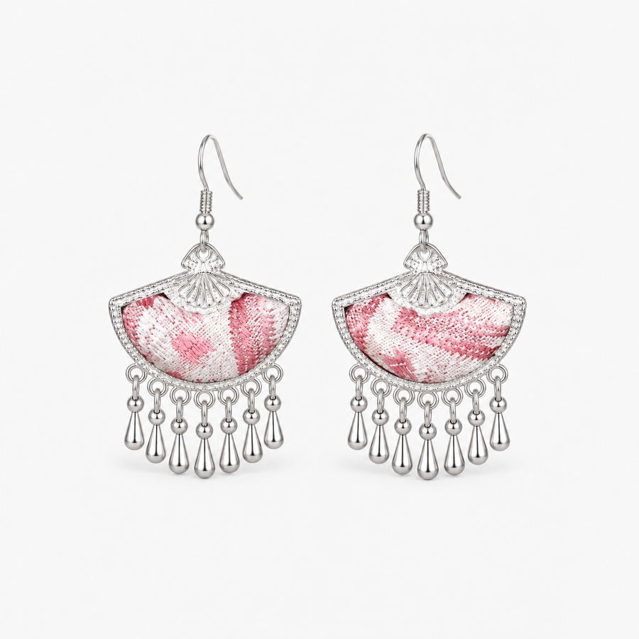 Zhuang Brocade Fan Tassel Earrings