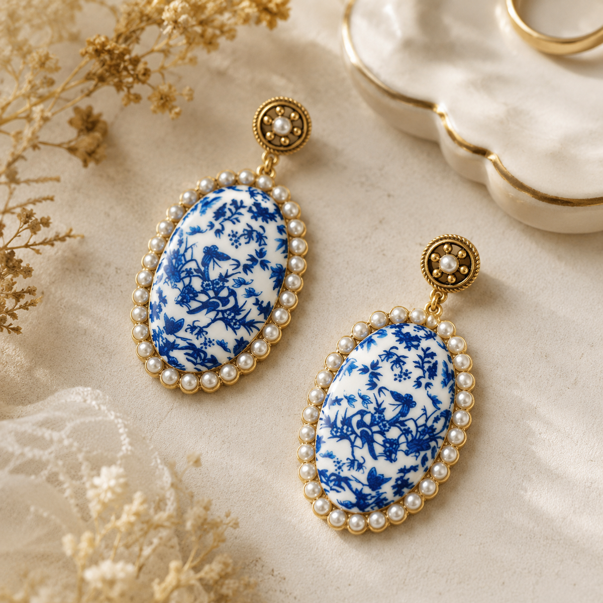 Vintage Blue White Porcelain Pearl Stud Earrings
