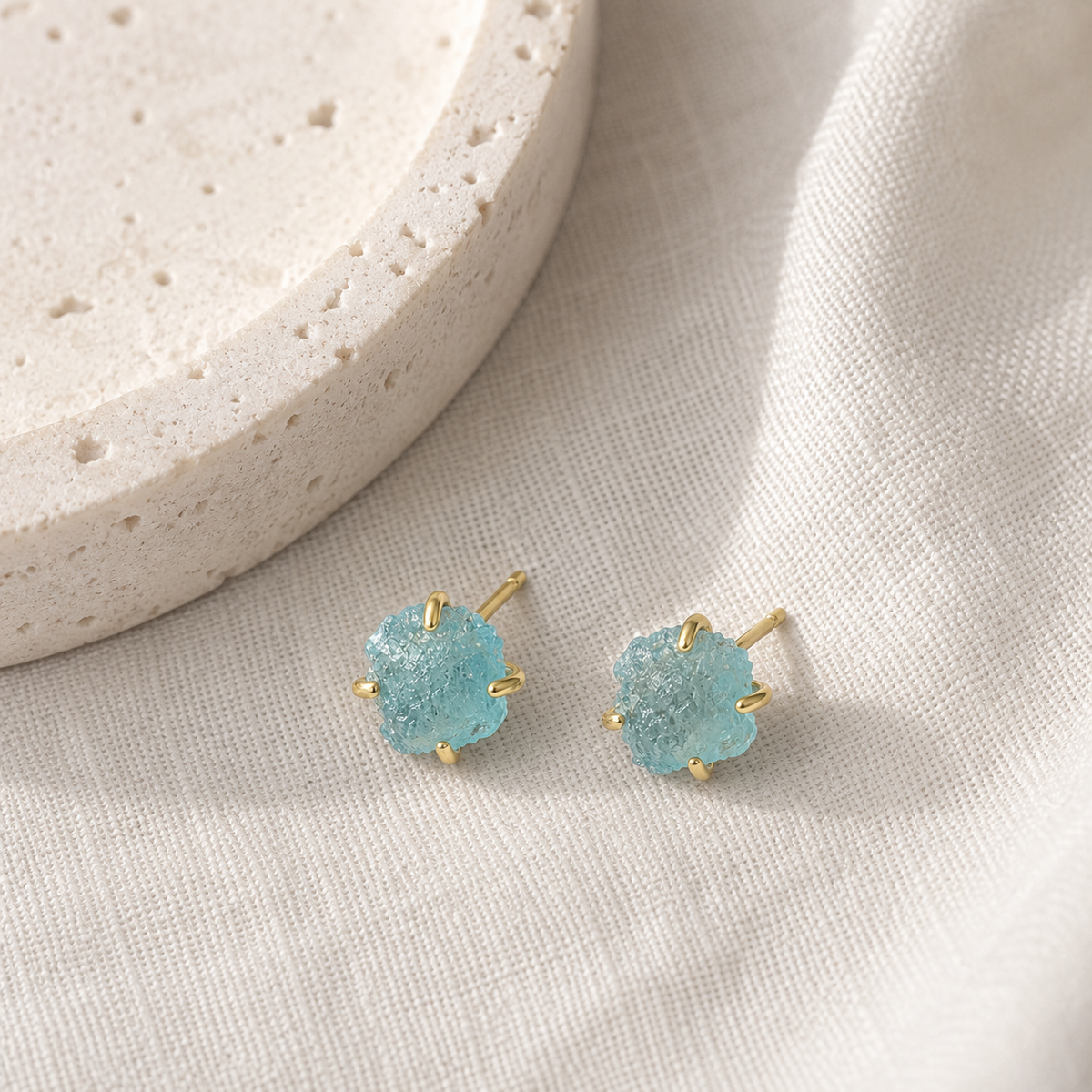 Irregular Natural Raw Aquamarine Crystal Stud Earrings