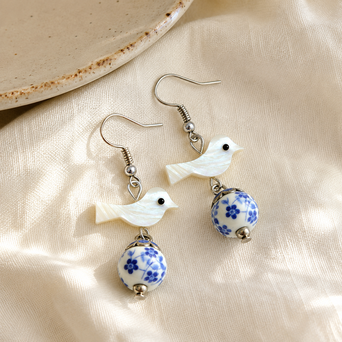 Porcelain Bead Shell Bird Earrings