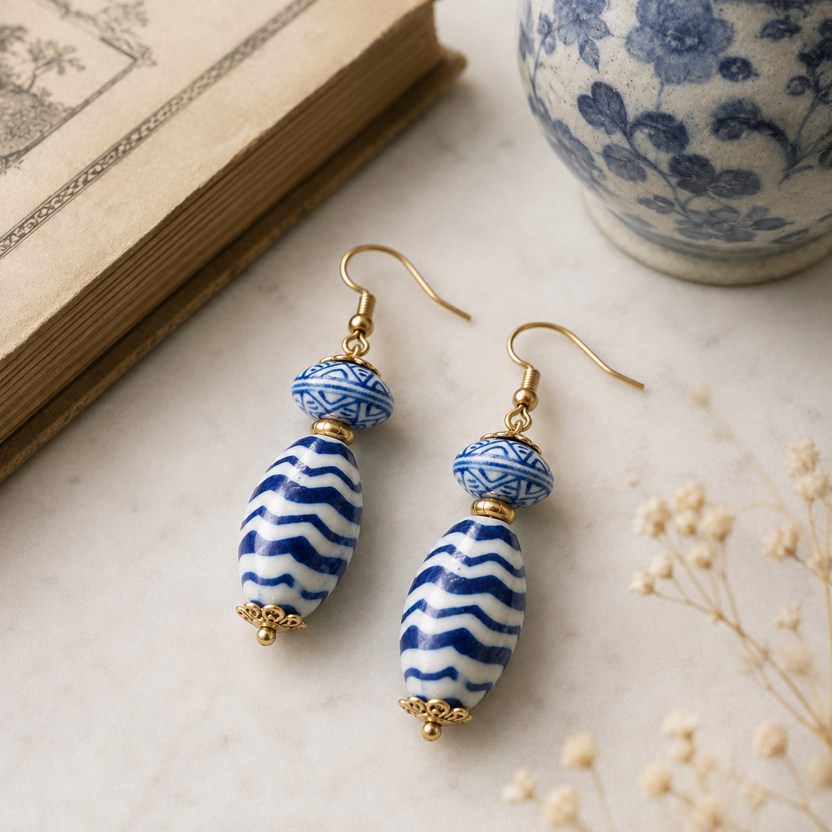 Blue White Porcelain Drop Earrings