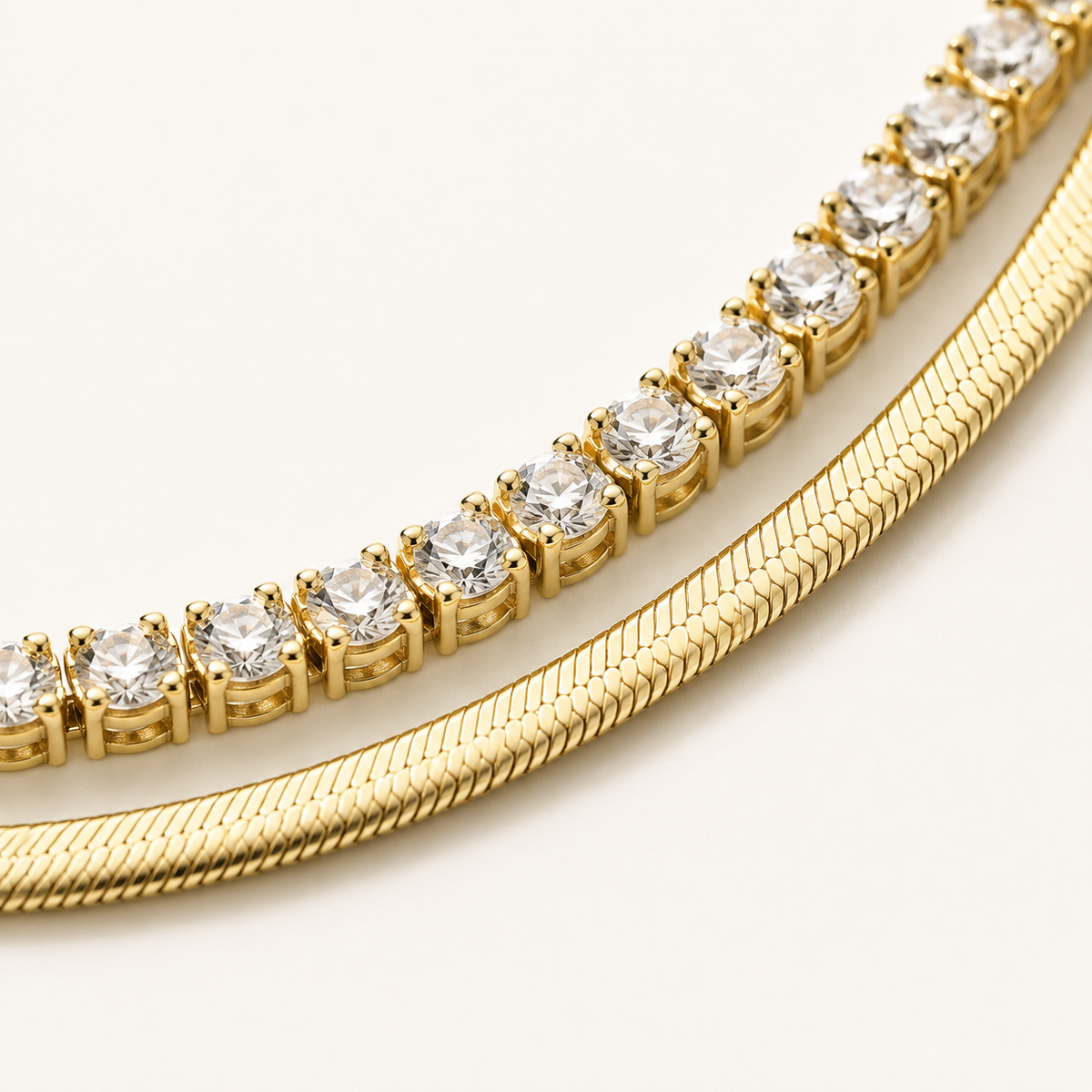 Layered Tennis Herringbone Necklace