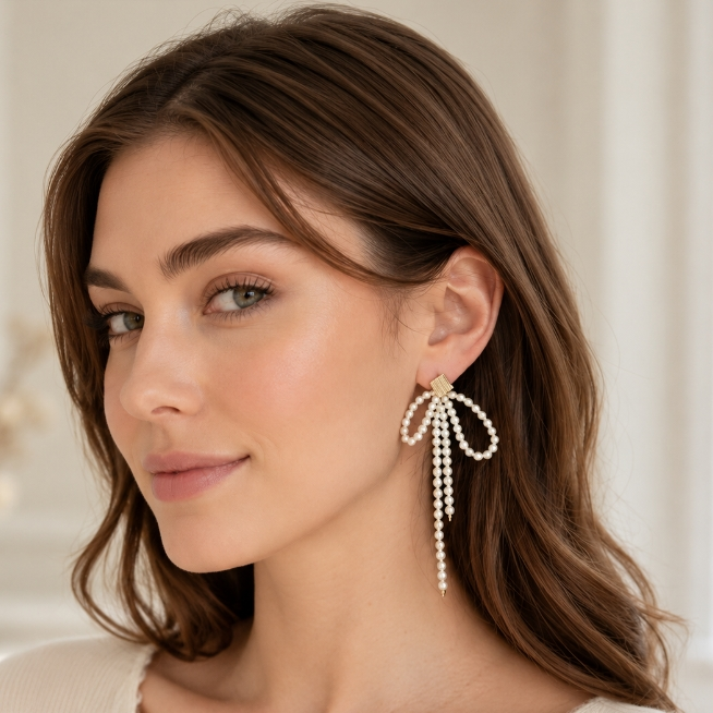 Bow Pearl Tassel Earrings