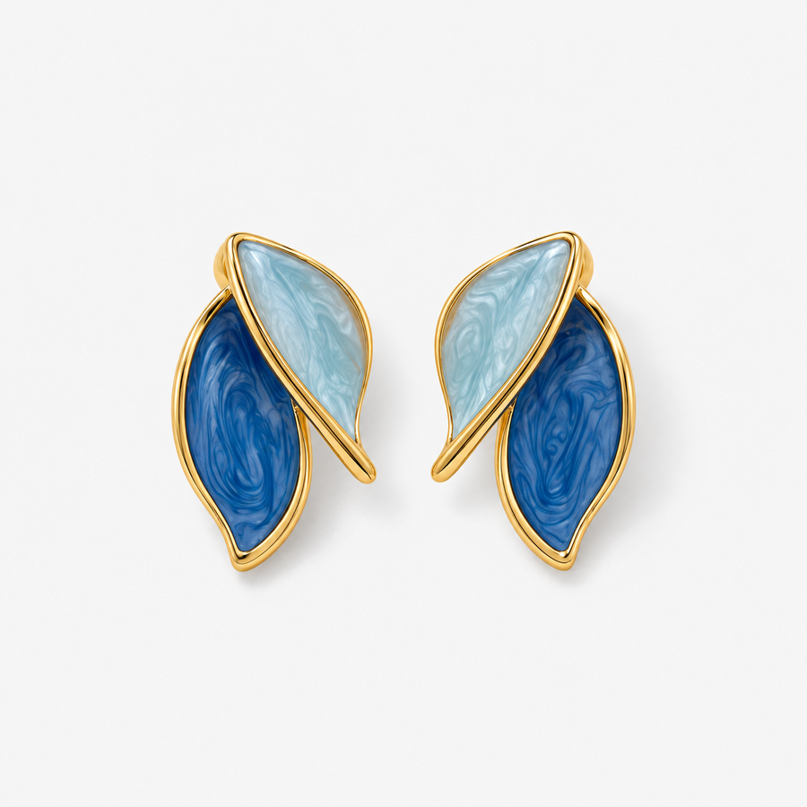 Vintage Enamel Two-Tone Leaf Blue Enamel Earrings