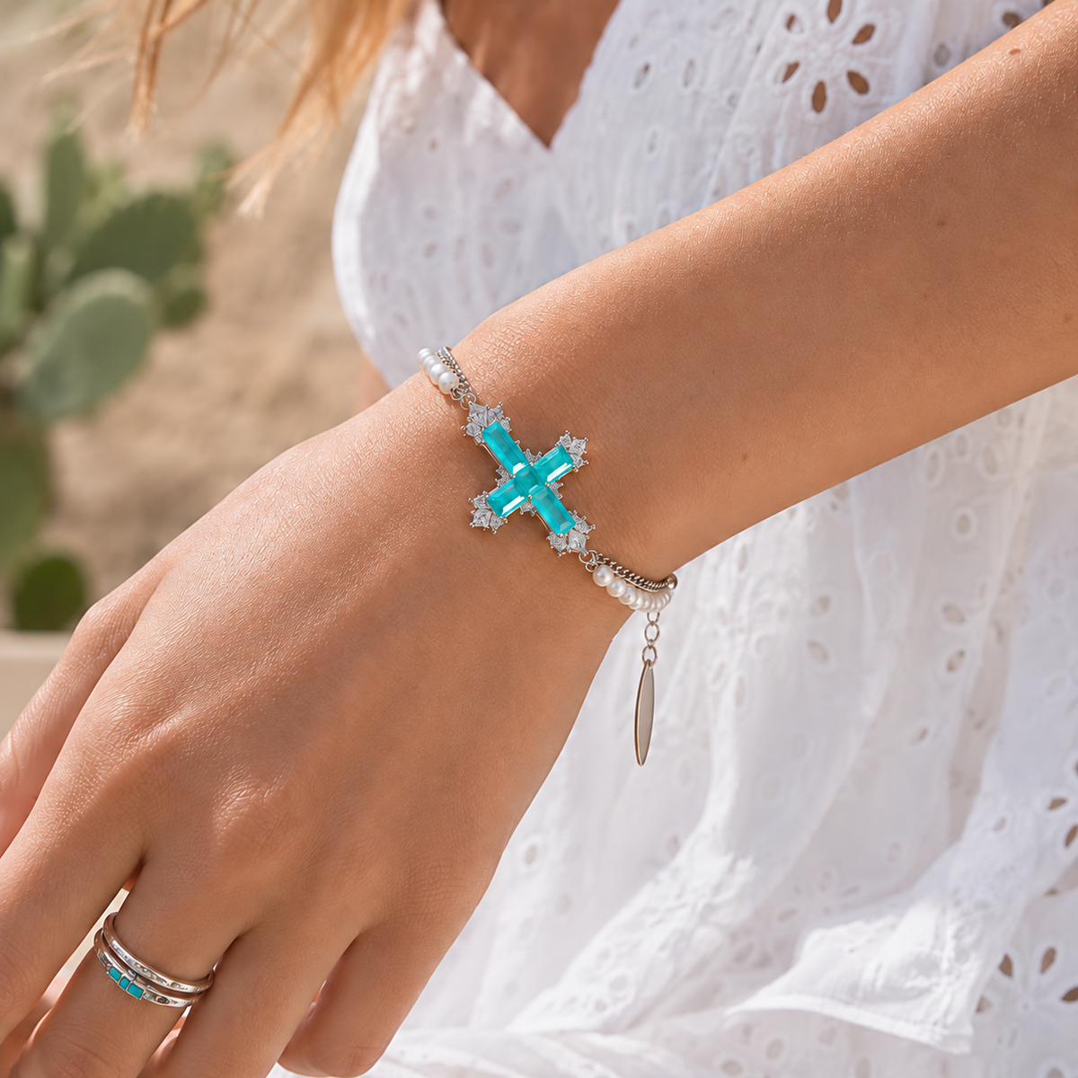 Freshwater Pearl Paraiba Cross Bracelet